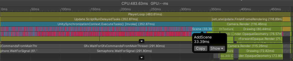 "CPU Usage in Profiler showing one long frame"